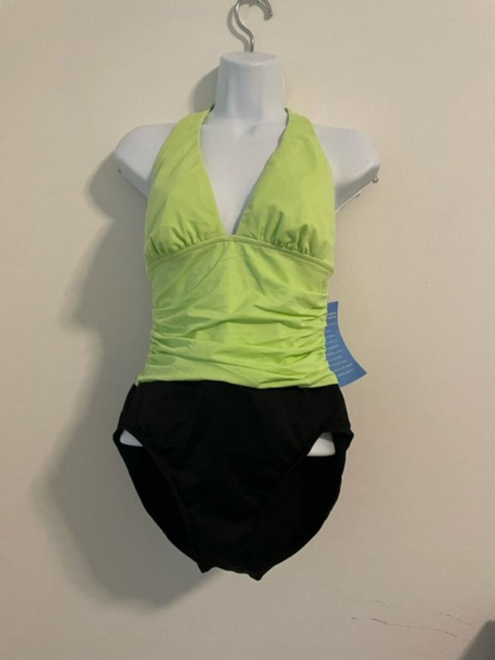 Miraclesuit Swimsuit Sz 10 Halter lime green/Black Plunge One Piece Ruching NWT